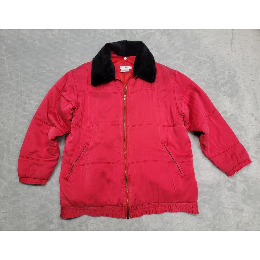 Vintage Stunt Sports 100% Silk Puffer Jacket Red Pink Fur Collar Women's Medium